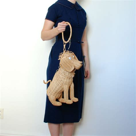 Vintage 1950s Wicker Animal Purse 50s Straw Dog Shaped