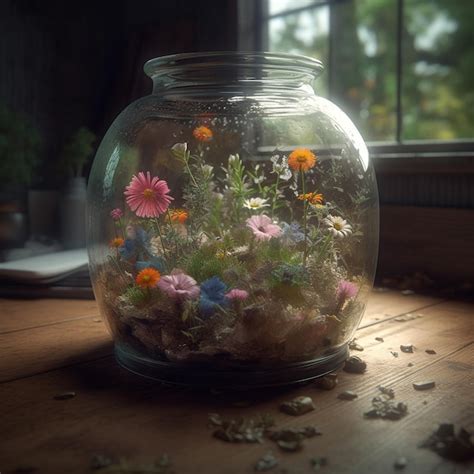 Premium AI Image | a glass jar terrarium filled with flowering plants highly detailed