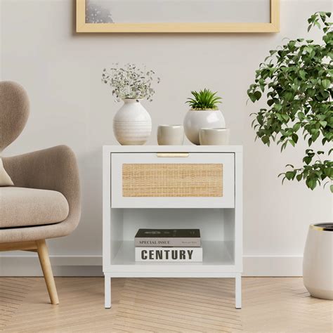 Modern Wood Nightstand With Natural Rattan Drawer Mid Century Side