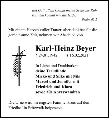 Traueranzeigen Von Karl Heinz Beyer Trauer Anzeigen De