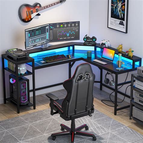 L Shaped Gaming Desk Computer Desk With Power Outlets And Led Strips In