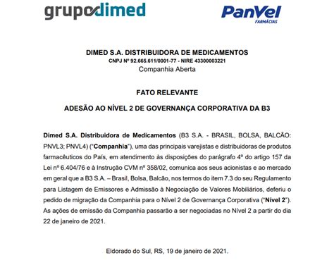 Dimed Pnvl3 Acessa Nível 2 De Governança Corporativa Da B3