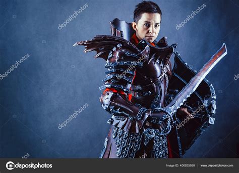 Portrait Medieval Female Knight Armour Blue Background Stock Photo By