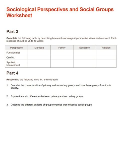 Society Sociology Worksheet