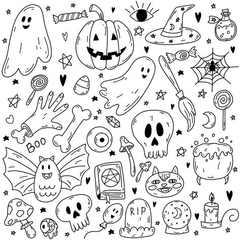 Hand Drawn Doole Vector Cartoon Set Of Halloween Objects And Symbols