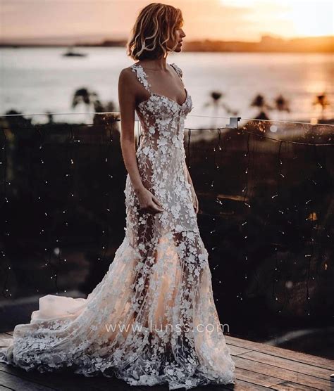 Sexy Sheer 3d Floral Mermaid Tail Beach Wedding Dress Lunss