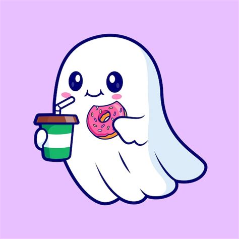 Premium Vector Cute Ghost Holding Coffee And Donut Cartoon Vector