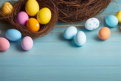 Una Mesa De Madera Azul Con Un Nido Lleno De Coloridos Huevos De Pascua