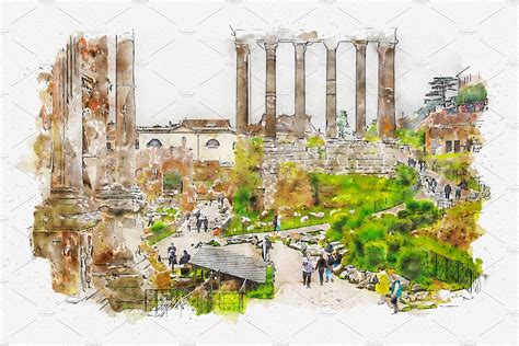 Aquarelle Sketch Art Roman Ruins In Featuring Watercolor Sketch And