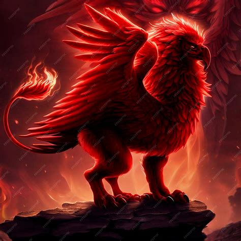 Premium AI Image | A griffin mythical creature in red stands on a stone ...