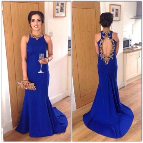 Royal Blue Halter Neck Beaded Keyhole Back Mermaid Prom Dress Vampal