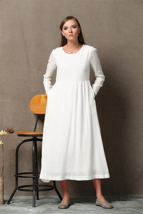 White Cotton Dress High Waist Semi Fitted Casual Everyday Long Sleeved