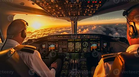 Pilots fly the plane. View from the cockpit of a modern passenger plane ...