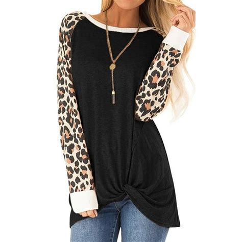 Starvnc Women Long Sleeve Leopard Print Twisted Hem Colorblock Blouse