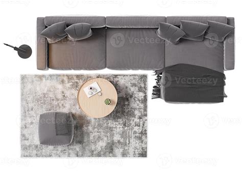 Gray Sofa With Carpet Coffee Table Pouf And Standing Lamp On White