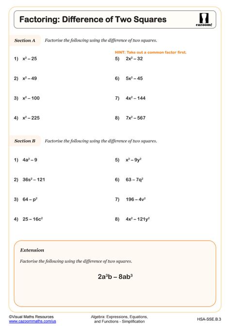 Factoring Difference Of Two Squares Worksheet Algebra I Pdf Worksheets