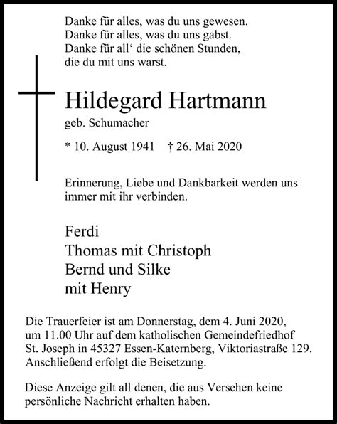 Traueranzeigen Von Hildegard Hartmann Trauer In Nrw De