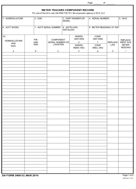 Da Form 2408 33 Meter Tracked Component Record Free Online Forms