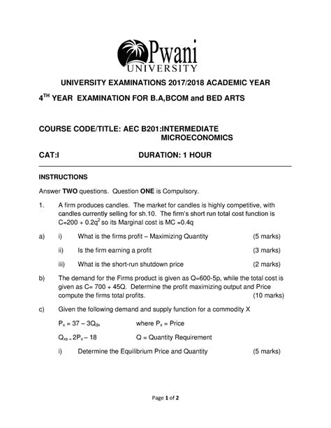 AEC B201 Intermediate Microeconomics Page 1 Of 2 UNIVERSITY