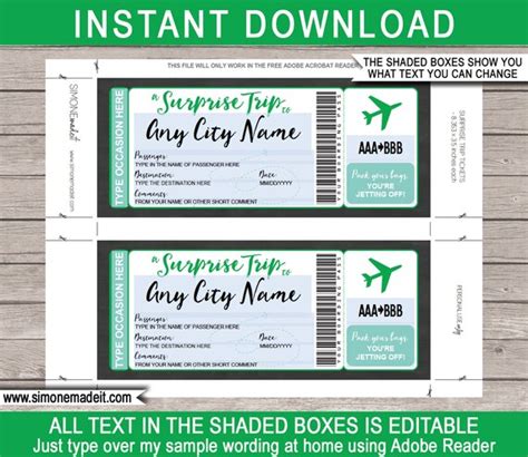 DIY Printable Editable Boarding Pass Surprise Fake Airline Tickets To