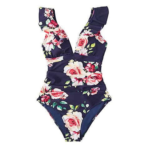 Weaiximiung Ladies Summer Swimsuit Deep V Neck Swimsuit Ruffle Trim