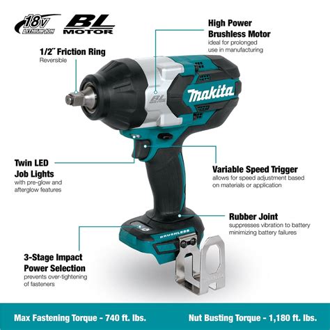 Makita DTW1002Z 18V Li Ion LXT Brushless Impact Wrench Batteries And