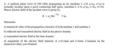 Solved A Uniform Plane Wave Of Mhz Propagating In Air Chegg