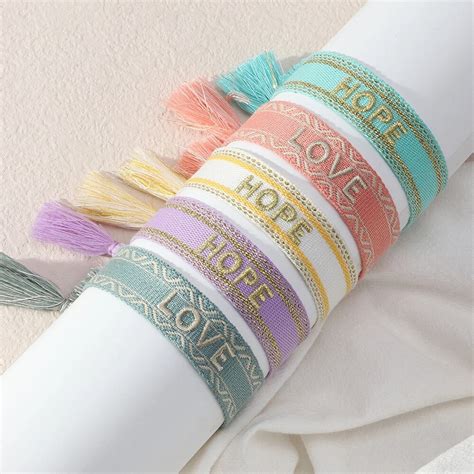 Boho Embroidery Letters Woven Love Hope Letter Tassel Bracelet For