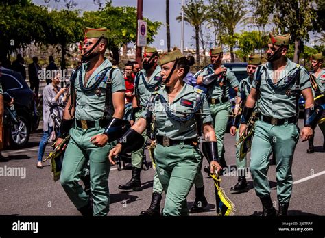 Seville, Spain - May 01, 2022 Parade of professional soldiers from the ...