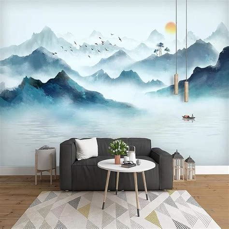 Fond D Écran 3D Mural Montagnes Eau Nature Paysage Soie Papier Peint