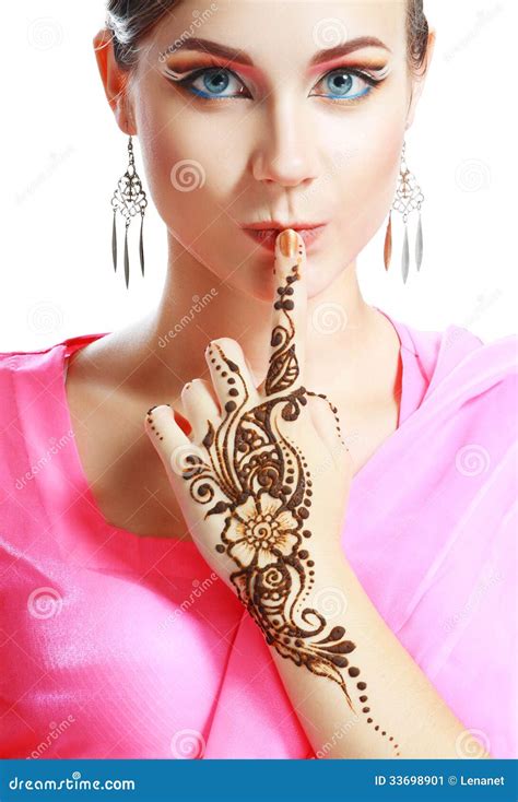 Woman Face Henna On Hand Stock Image Image Of Beautiful 33698901