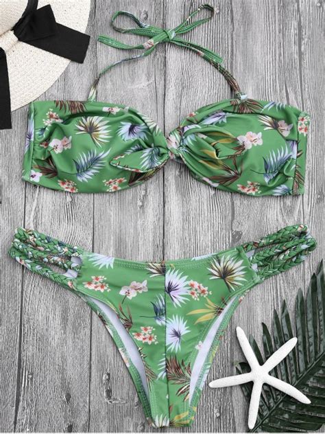 Off Printed Knotted Bandeau Bikini Set In Green Zaful