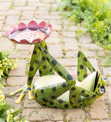 Handcrafted Reclining Frog Metal Birdbath Wind And Weather