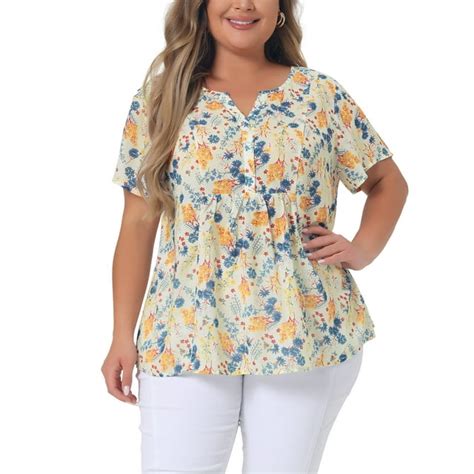 Agnes Orinda Womens Plus Size Floral Half Placket Short Sleeve Casual