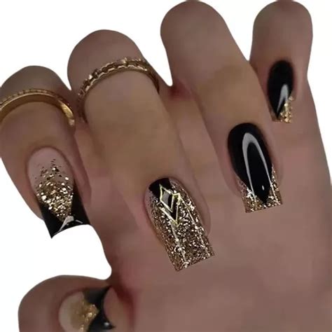 Unhas Postiças Decorada Realista Com Cola Preto Dourado Mercadolivre