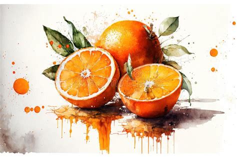 Illustration Of Watercolor Painting Oranges On The White Background