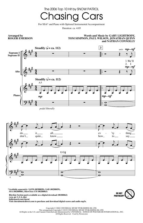 Chasing Cars Arr Roger Emerson By Snow Patrol Sheet Music For Ssa