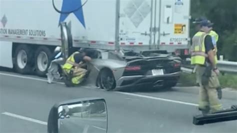 Rented Lamborghini Aventador Smushed Under Semi Truck In Ugly Rear End