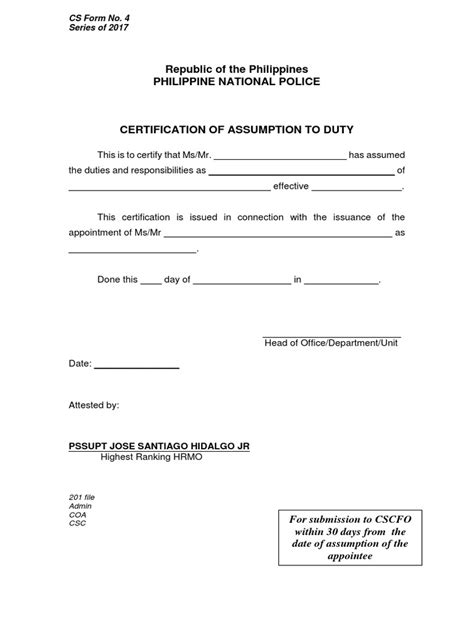 Cs Form No 4 Certification Of Assumption To Duty 2 Pdf