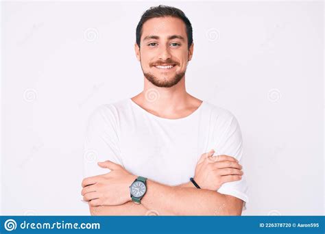 Young Handsome Man Wearing Casual White Tshirt Happy Face Smiling With Crossed Arms Looking At