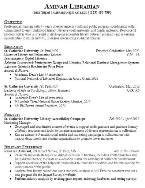 Librarian Mlis Cv Example Katiecareer Virtual Career Center