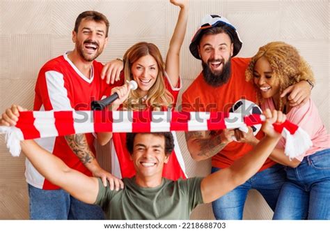 Group Cheerful Football Fans Wearing Sports Stock Photo 2218688703