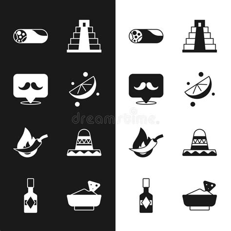 Set Sliced Lime Mustache Burrito Chichen Itza In Mayan Hot Chili Pepper Pod Mexican