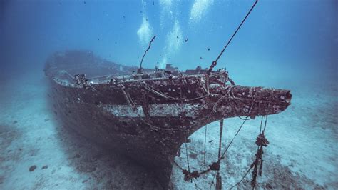 Sunken Wooden Ships Underwater