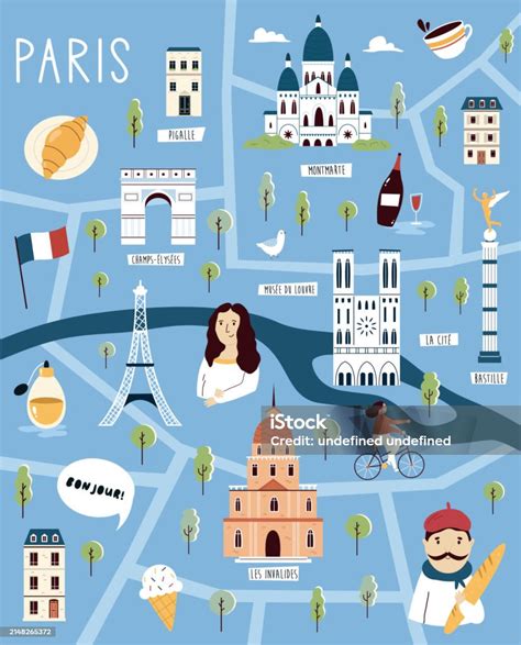 Ilustración De Colorful Illustrated Cartoon Map Of Paris France With