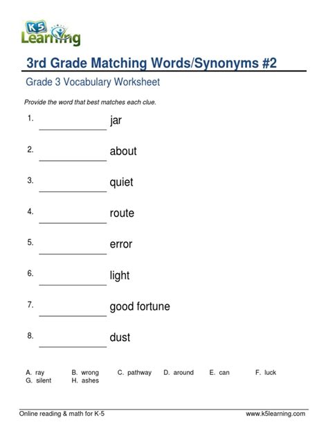 3rd Grade Matching Wordssynonyms 2 Pdf Worksheets Library