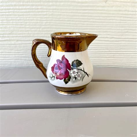 Wade England Copper Luster Rose Pitcher Vintage Ceramic Red Rose Individual Creamer Window