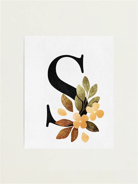 Letter S With Flowers And Leaves Drawn With Pencil And Watercolor