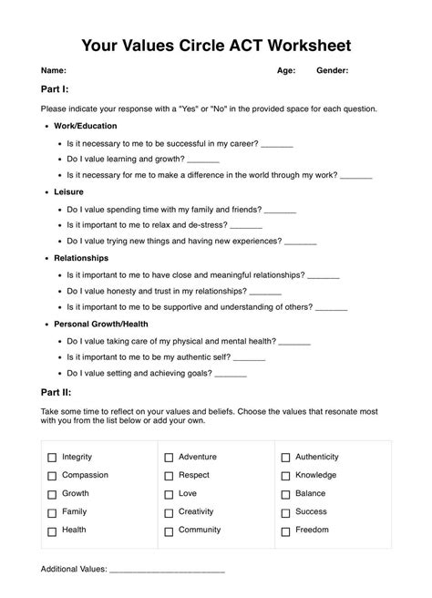 Act Values Worksheet And Example Free Pdf Download