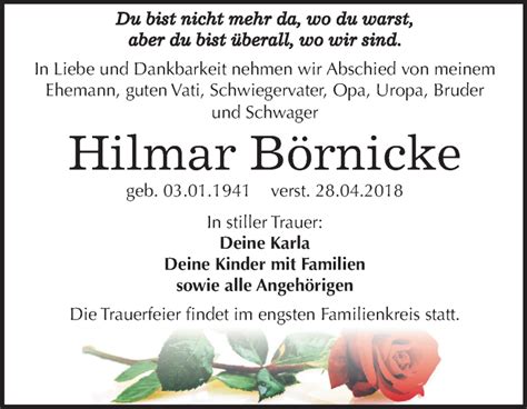 Traueranzeigen von Hilmar Börnicke abschied nehmen de